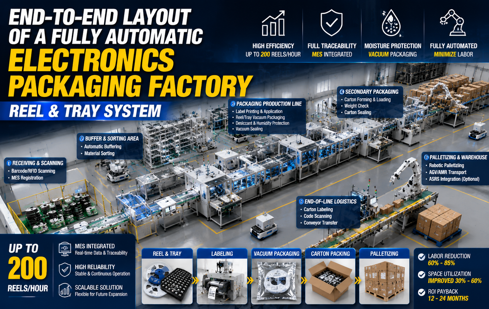 End-to-End Layout of a Fully Automatic Electronics Packaging Factory (Reel & Tray System for Semiconductor and Electronics Manufacturing)