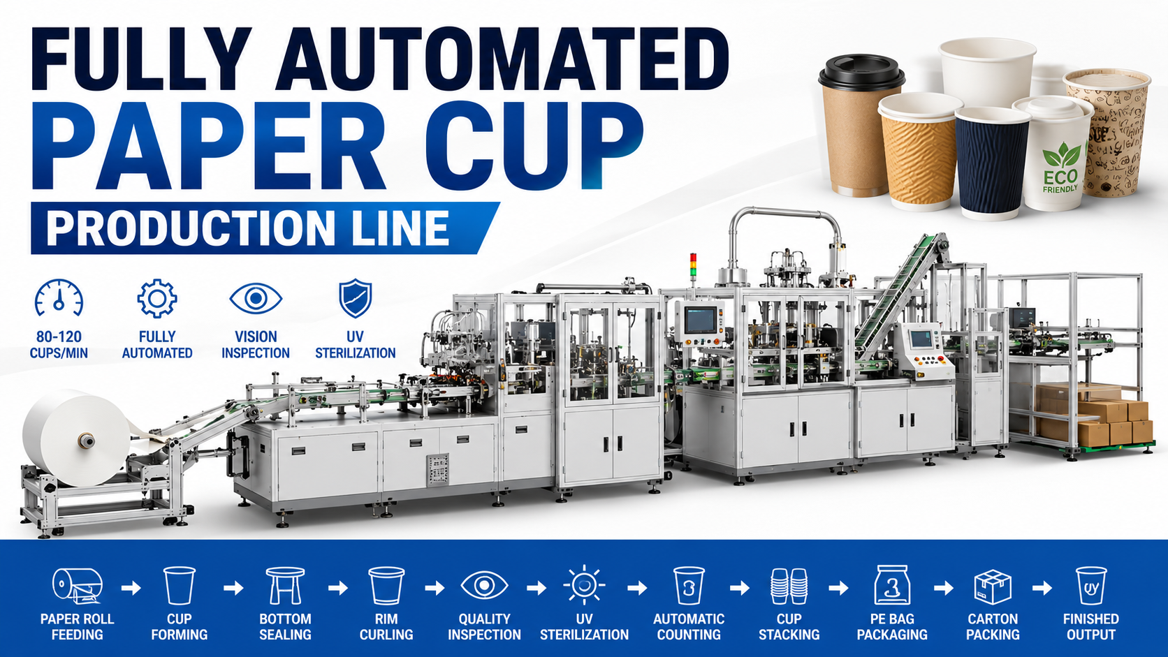 Fully Automatic Paper Cup Production Line | Intelligent Cup Forming, Inspection, Sterilization and Packaging System